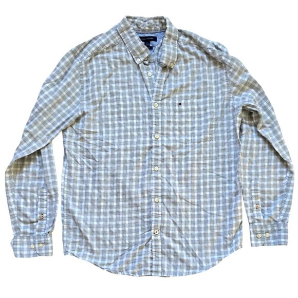 Tommy Hilfiger Button Down Shirt Mens Large Gray Plaid Slim Fit Long Sleeve - Picture 2 of 9